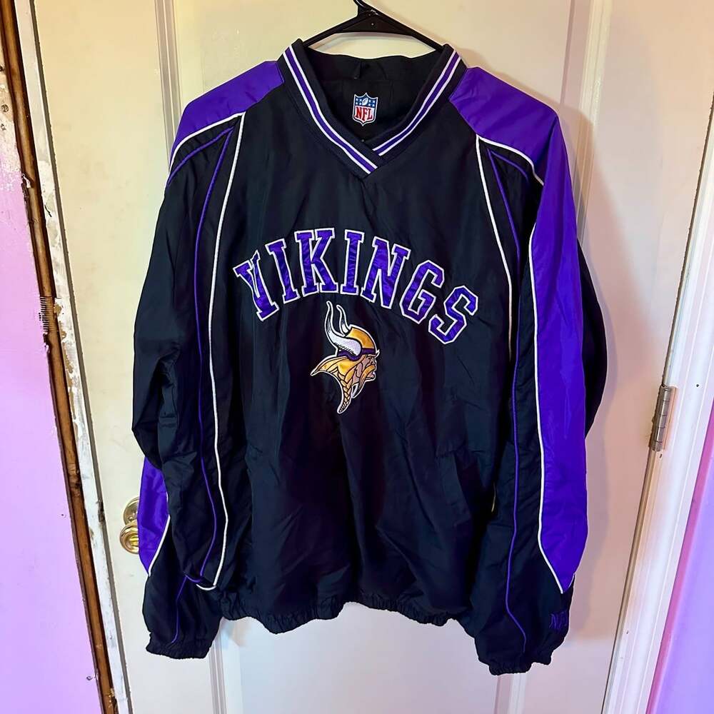 Vtg Mens Vikings NFL Lined Windbreaker Pullover Double Sided Logo Sz L Embroider